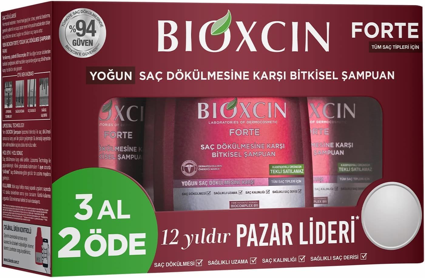 BIO XCIN Forte Anti-Hair Loss Shampoo l | Strengthening Herbal Formula with Biocomplex B11 & Procyanidin | Nourishes Scalp & Reduces Hair Fall for All Hair Types - 300ML X 3