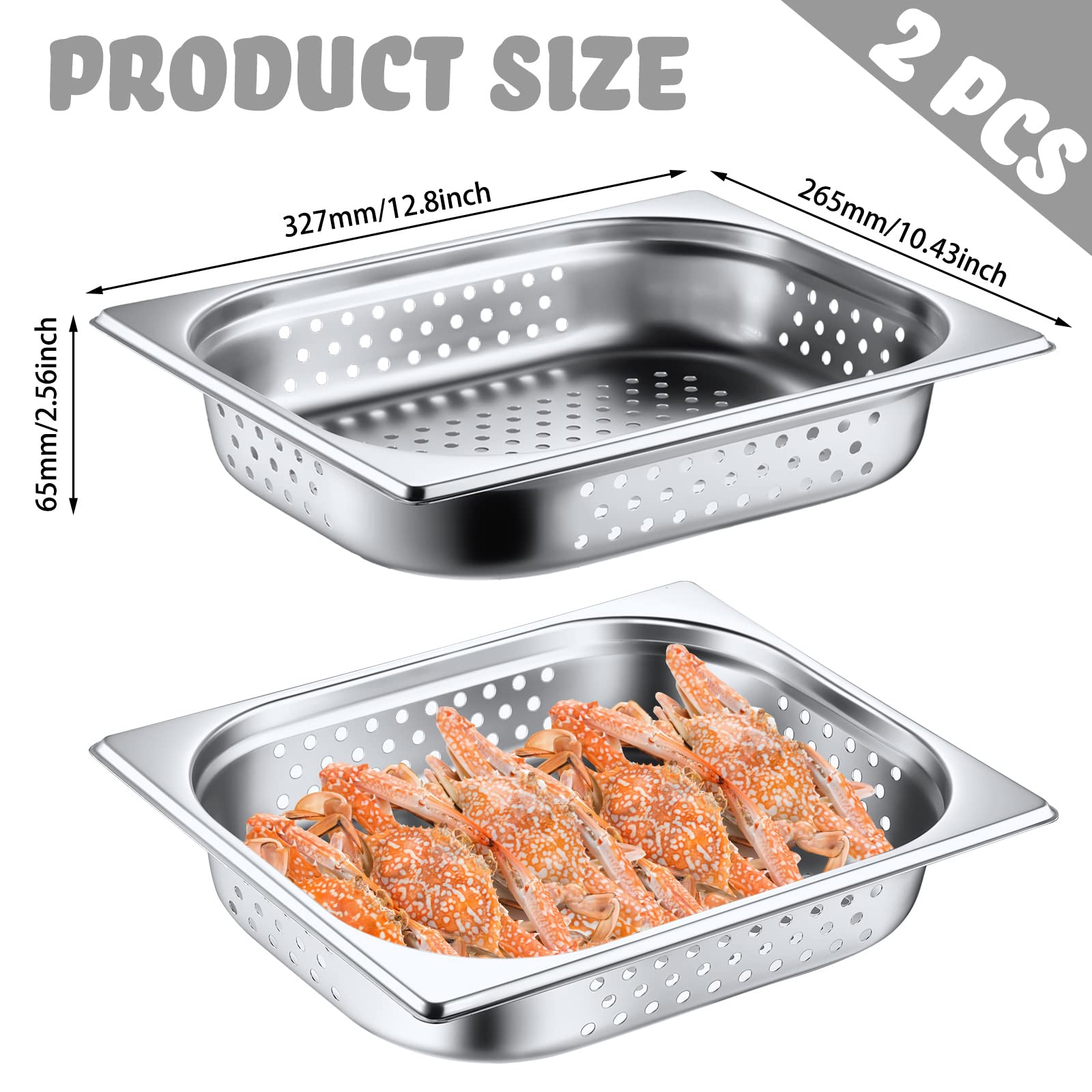Lounsweer - Juego de 2 sartenes perforadas al vapor de acero inoxidable perforadas para cocina, catering, suministros comerciales (32,8 x 6,5 x 26 cm)
