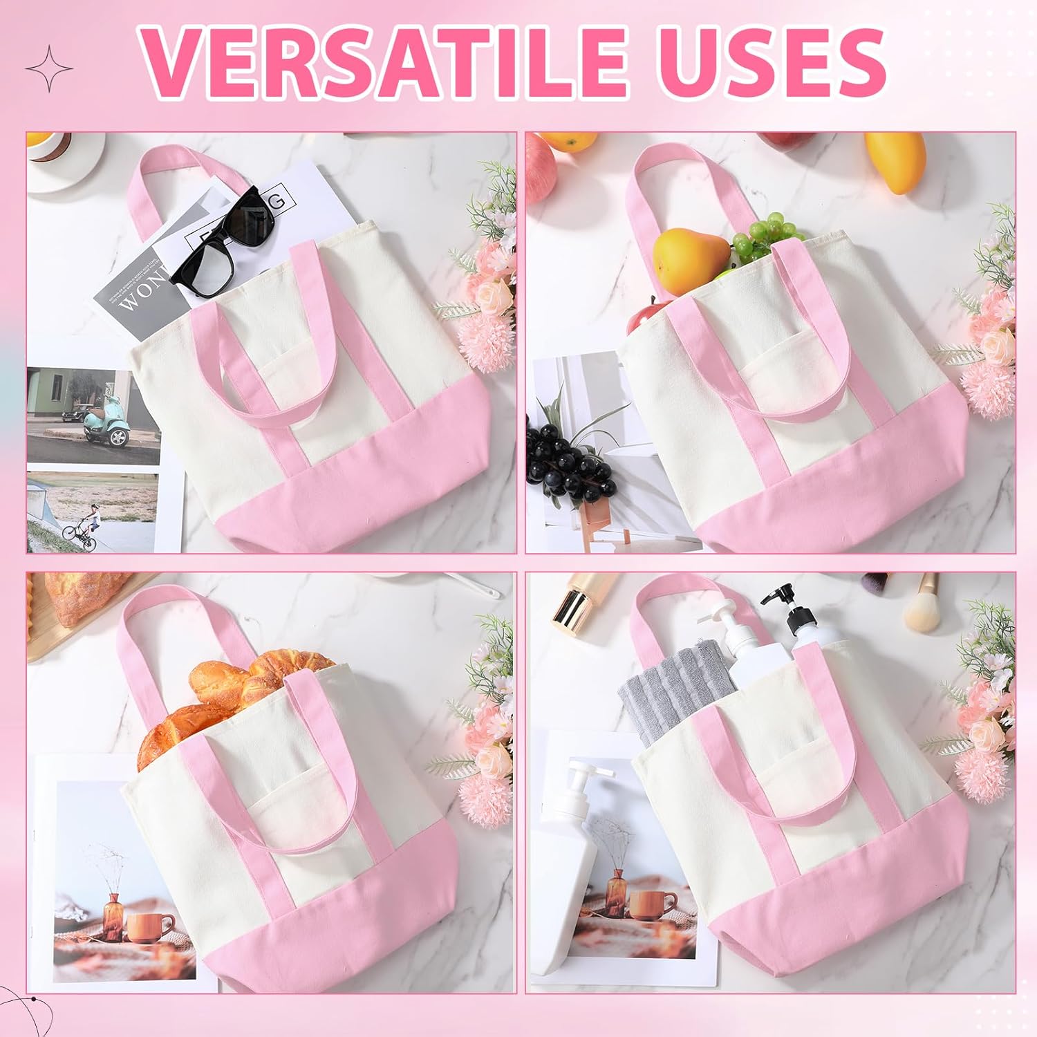 Sanwuta 6 Pcs Canvas Tote Bags Bulk with Outer Pocket Small Sublimation Blank Canvas Tote Reusable Grocery Bag for Women, DIY Craft (Pink)