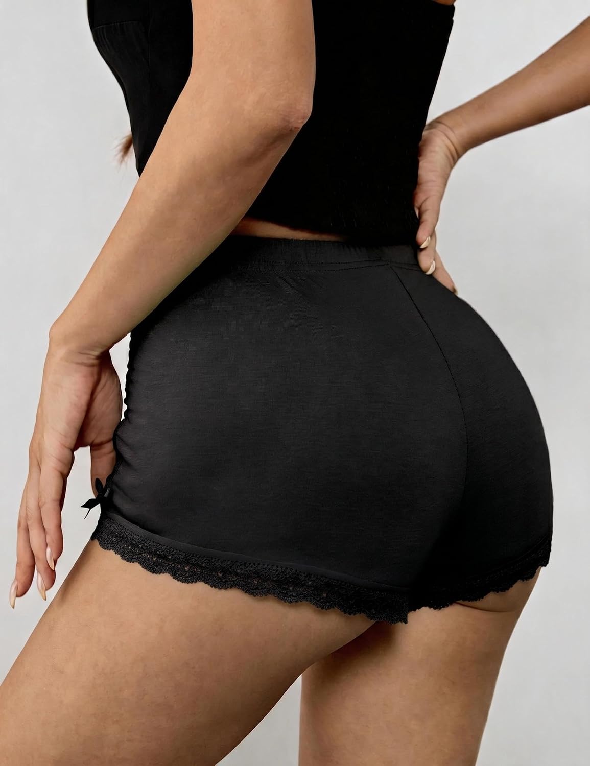 Women's Pajama Shorts Sexy Lace Trim Sleep Bottoms Ruched Cheeky Lounge Shorts with Bow Decor