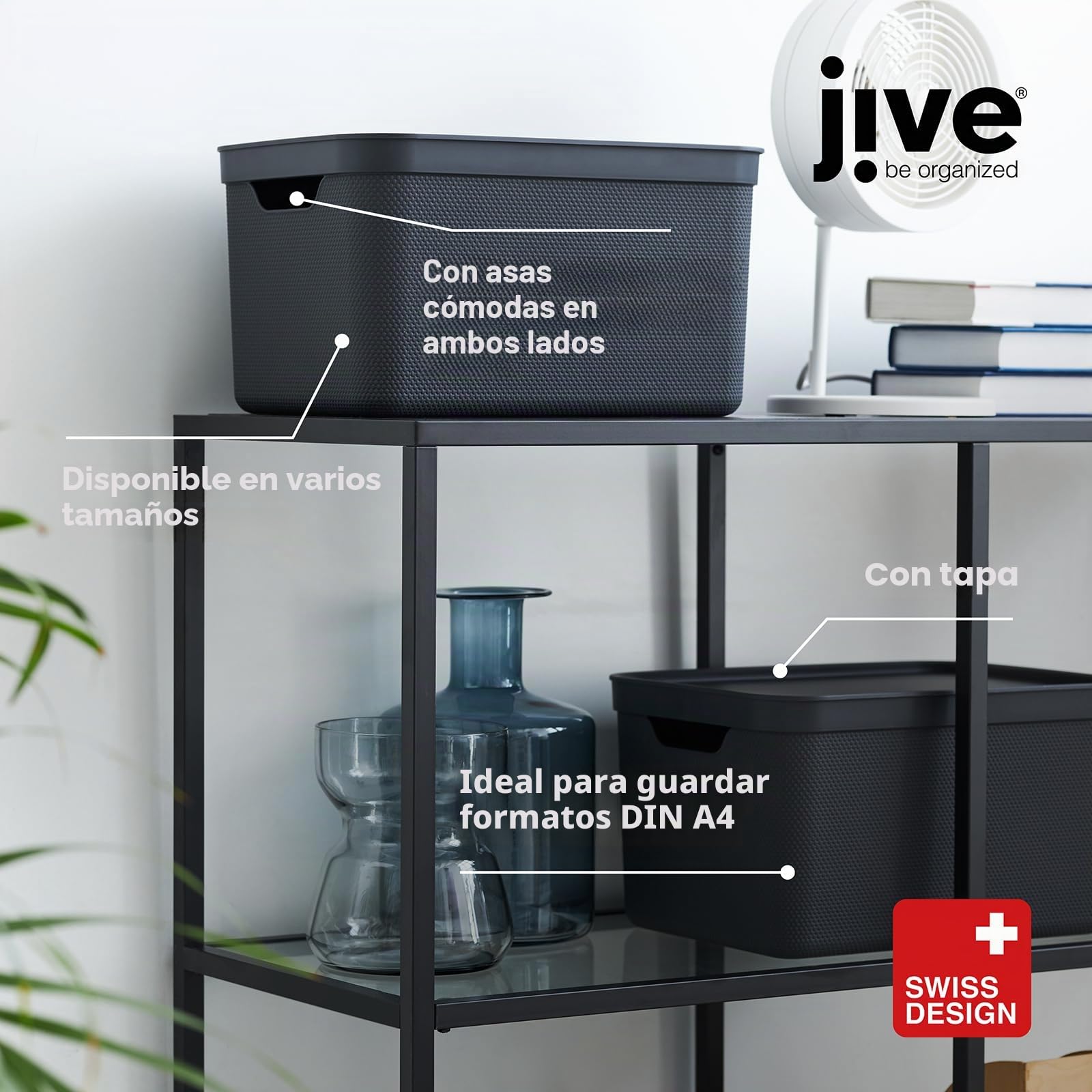 Juego de 3 cajas de almacenamiento Jive Dekobox de 16 l con tapa, plástico (PP reciclado), gris oscuro, 3 x 16 l (36,5 x 27 x 27 cm)