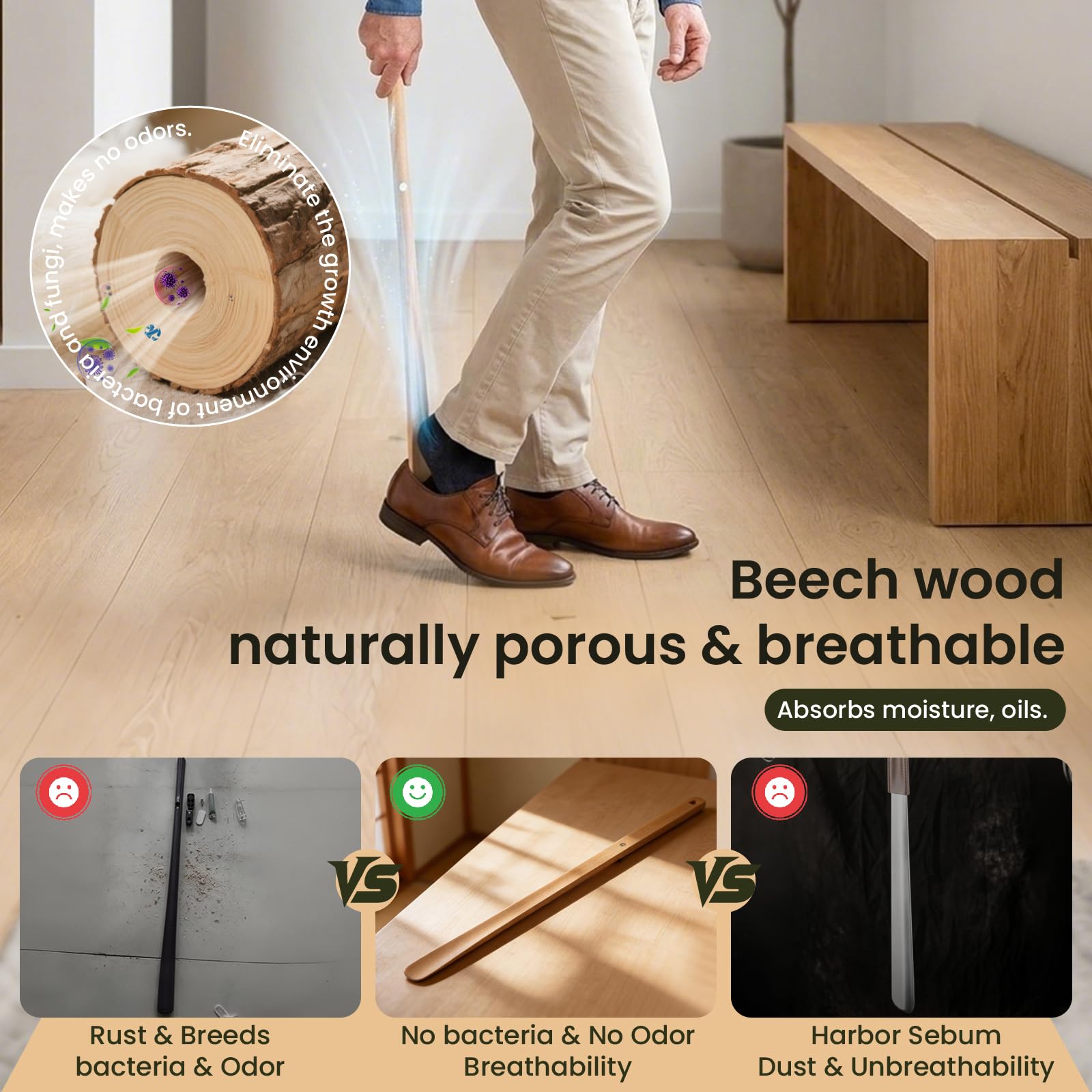 75 cm Chausse Pied Long Bois Magnétique avec Support Mural, Chausse Pieds Long Manche à Suspendre pour Personnes Âgées, Femmes Enceintes, Chausse-pieds en Hêtre Hygiénique
