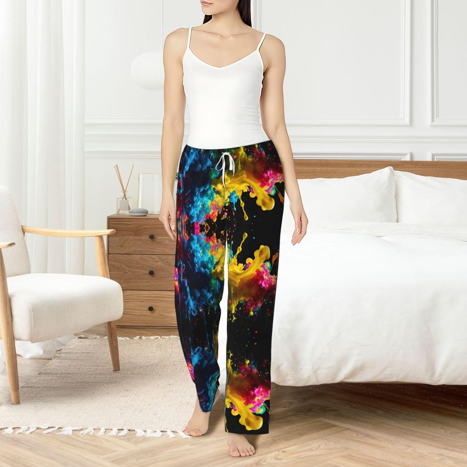 Paint Splatter Backdrop Print Cozy Flannel Pajama Pants For Women,Warm Christmas Pj Pants,Cute Fleece Pajamas
