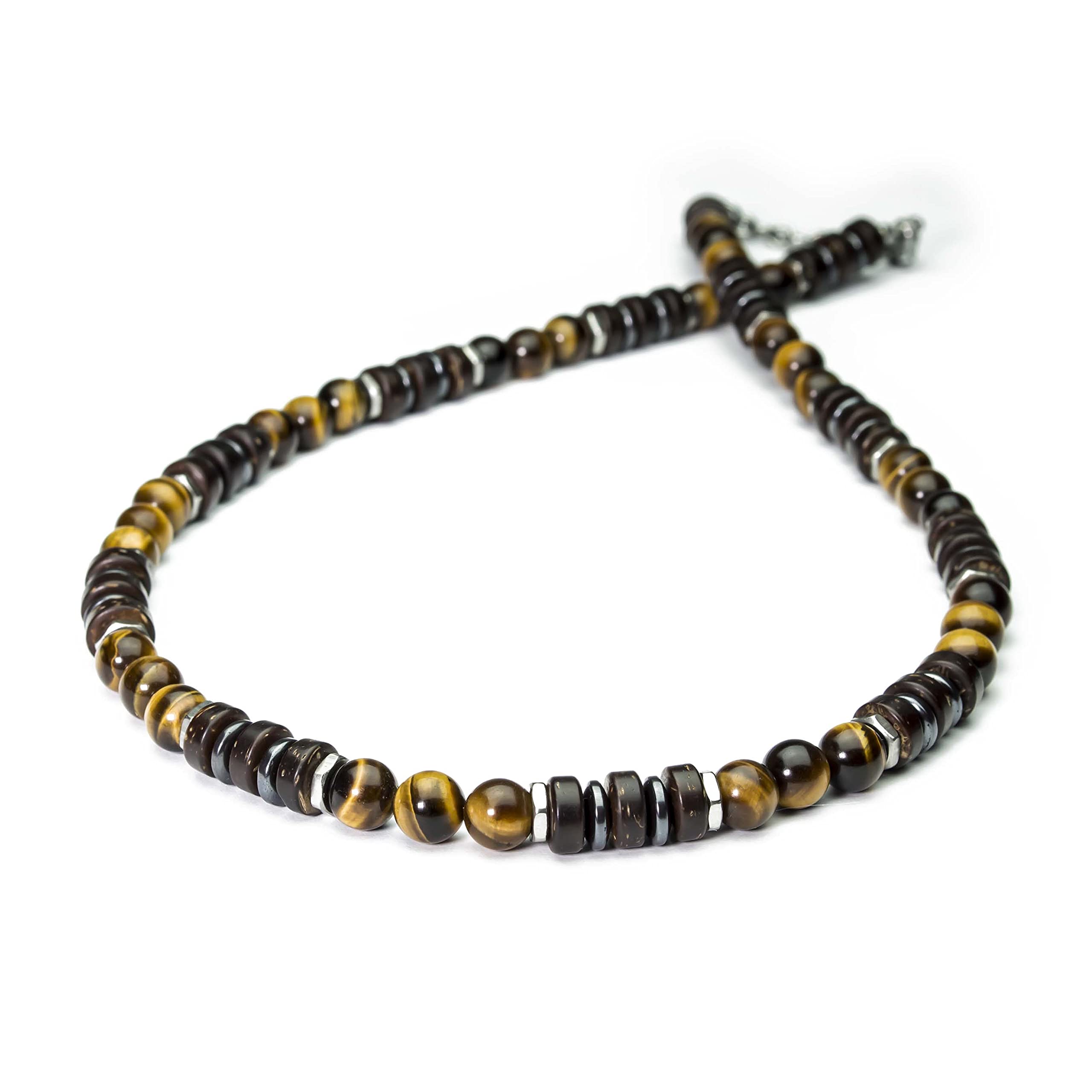 Sublime Collier Homme/Femme pierre Naturelle 8mm Œil de tigre bois coco hématite métal inoxydable couleur argent COLLITIGRIN