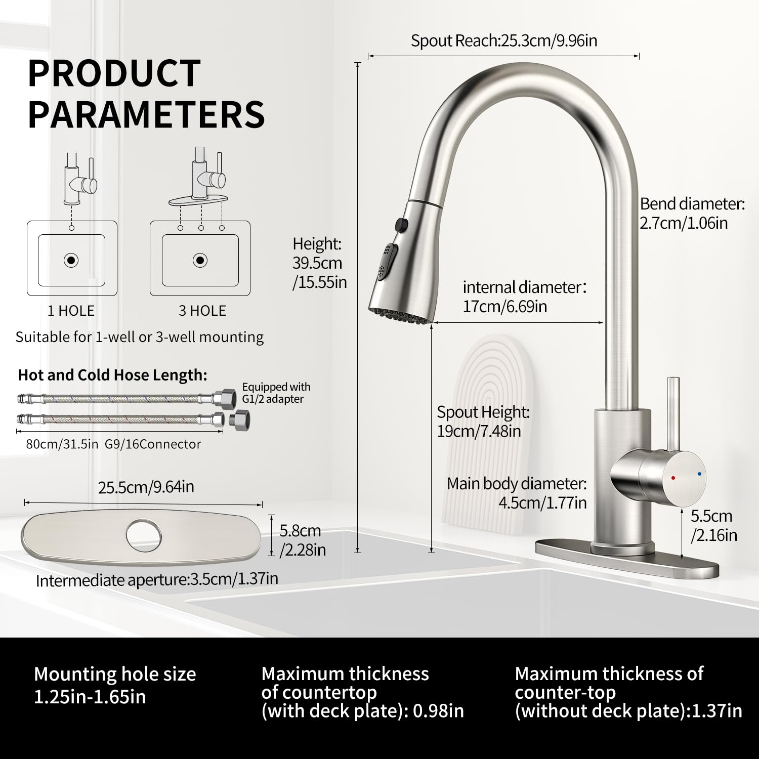 Grifo de cocina con pulverizador extraíble, grifo de cocina de acero inoxidable cepillado de una sola manija, múltiples modos de interruptor de agua, agujero de 1/3, placa de cubierta