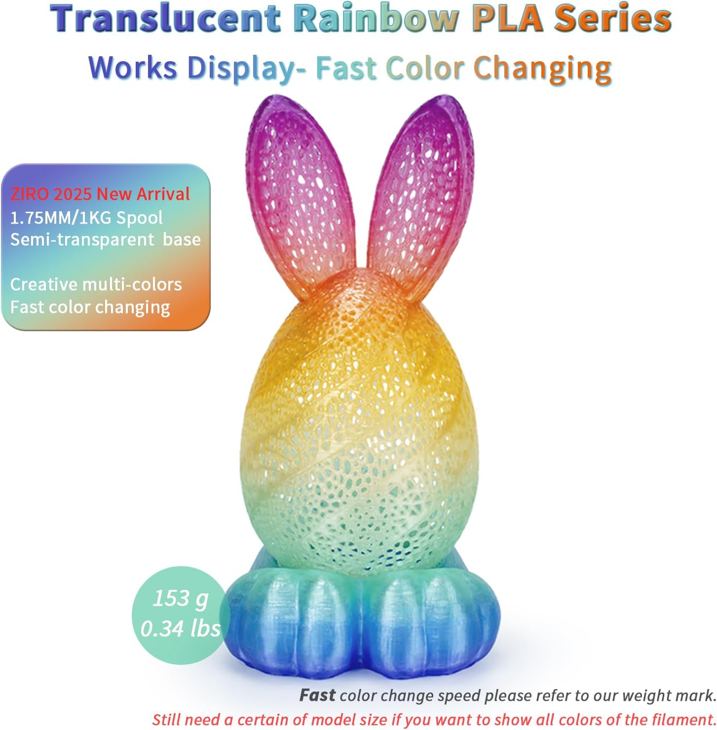 ZIRO Fast Color Changing PLA, Transluent Multicolor Filament 1.75mm, 3D Printing Material, 1kg Spool, Dimensional Accuracy +/-0.03mm, Fit Most 3D Printers, Crystal Prism