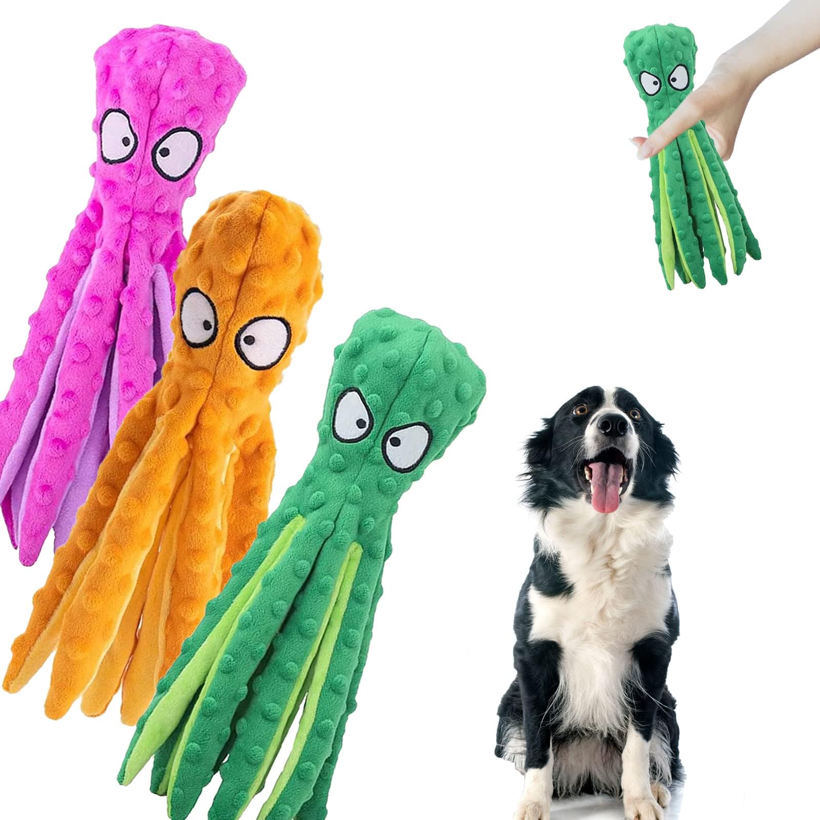 3 Pack Octopus Dog Squeaky Toys with Crinkle Paper No