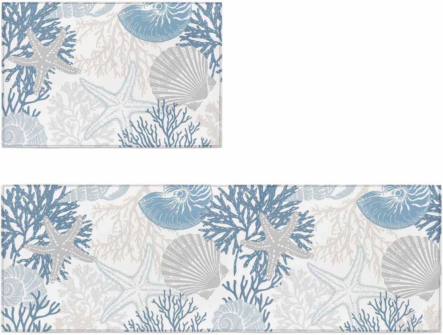 Kitchen Mats for Floor Summer Sea Starfish Washable Non Slip Kitchen Rugs 2PCS, Watercolor Marine Life Corals Absorbent Standing Mats for Sink Bathroom Office Living Room 15.7x23.6in+15.7x47.2in