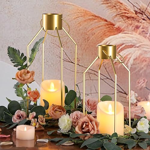 Miniatura 4 de NITIME 2 faroles decorativos de metal dorado de 1215 pulgadas (sin vidrio), faroles de metal dorado decorativos para exteriores con 2 velas LED