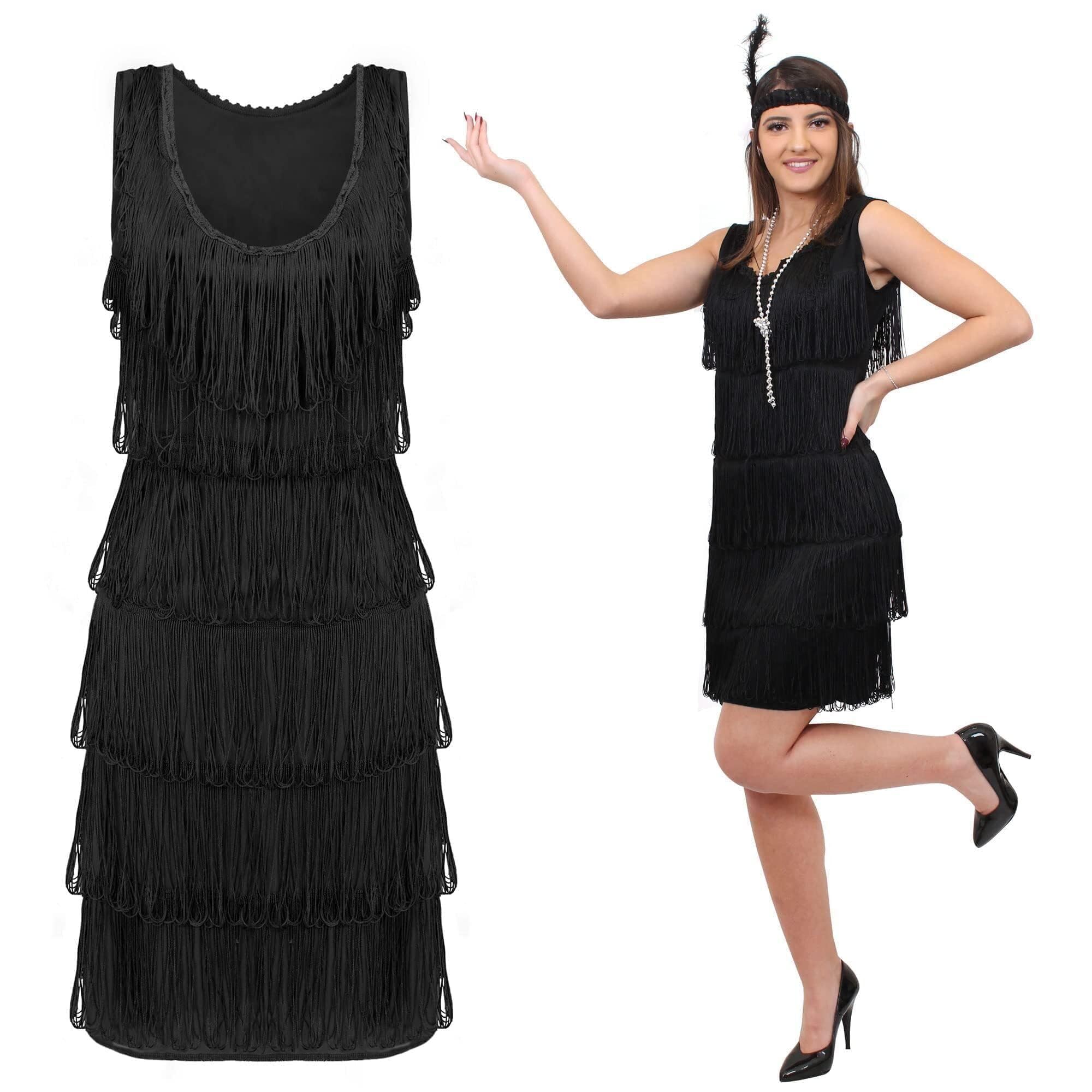 Black Deluxe Flapper Dress - Large - Ladies Deluxe Black Flapper Costume with Matching Sequin Headband and Silver Pearl Necklace - 1920's Party Dress