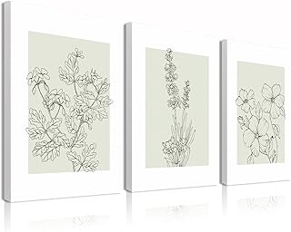Modern Minimalist Line Flower Canvas Wall Art 3 Piece Boho Botanical Plant Simple Natural Floral Leaf Pictures Wall Decor for Living Room Bathroom Bedroom 12x16 In/pc Ready to Hang