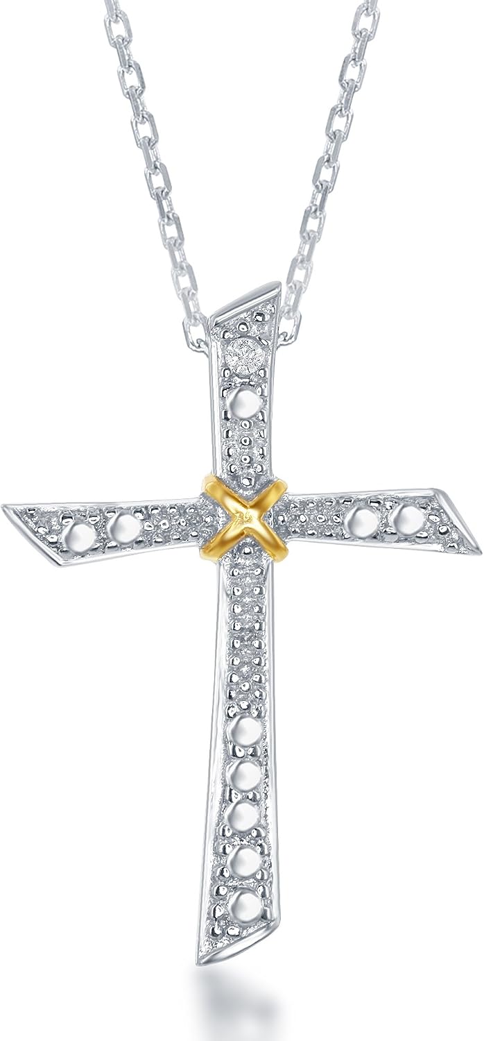 Sterling Silver Two-Tone Diamond Accent Cross Pendant with 18" Chain