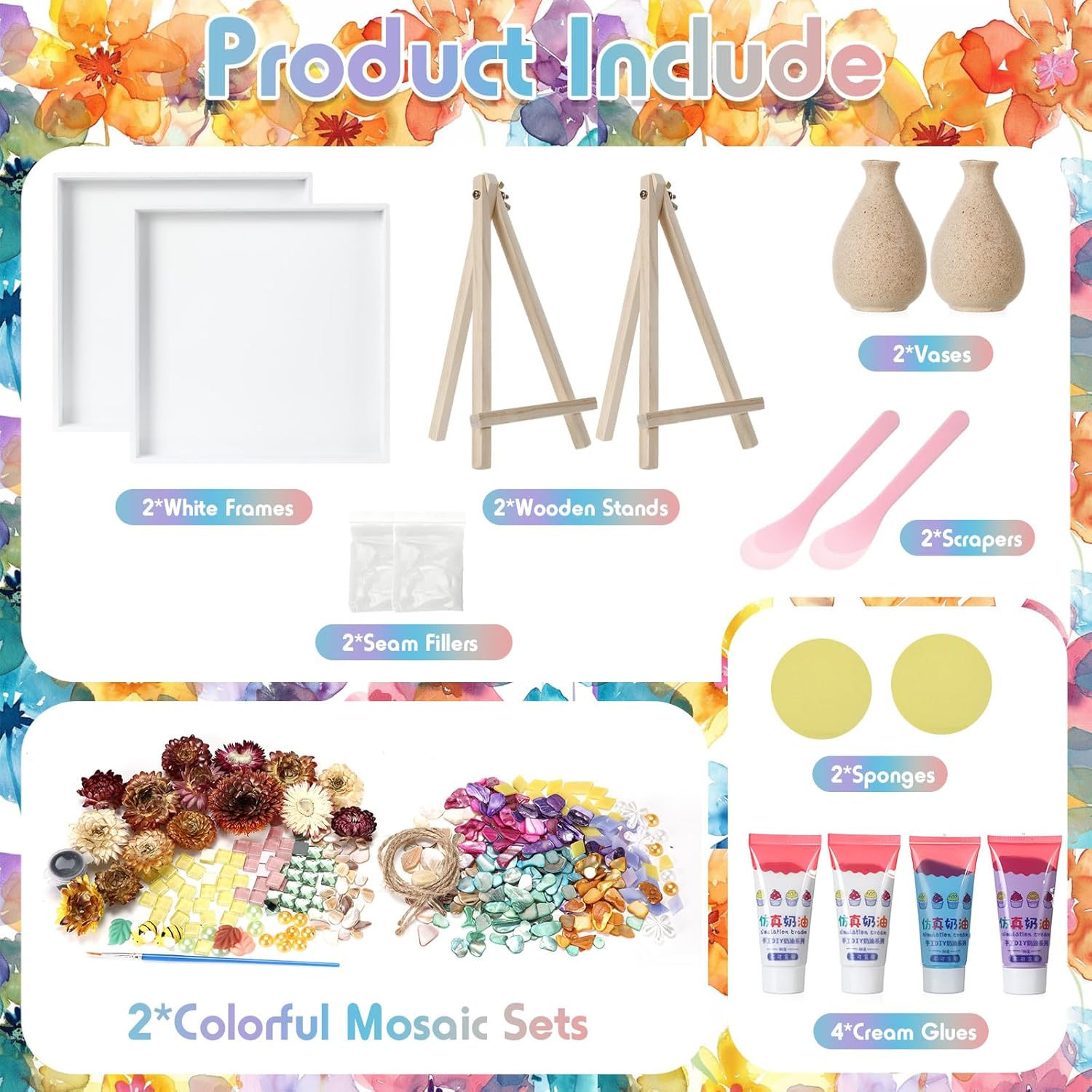 2 Sets DIY Vase Mosaic Painting Kit DIY Mosaic Arts and Craft Kits Tiles Crafts with Vase Flower Accessories Creativity Handmade Artwork for Adults Home Decoration (Summer Aroma)