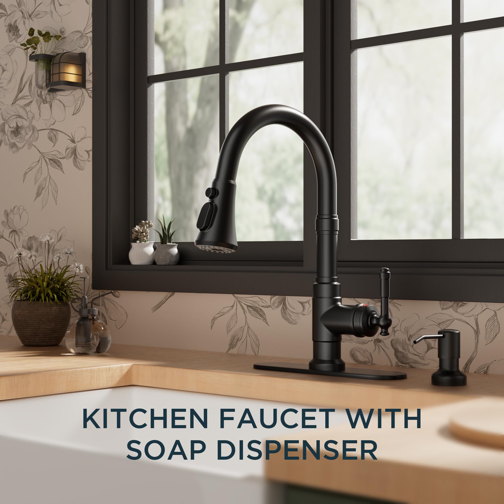 Grifo de cocina vintage con dispensador de jabón y rociador extraíble, grifo de fregadero clásico de acero inoxidable de arco alto con manija única en negro mate para casas de campo, caravanas, bar