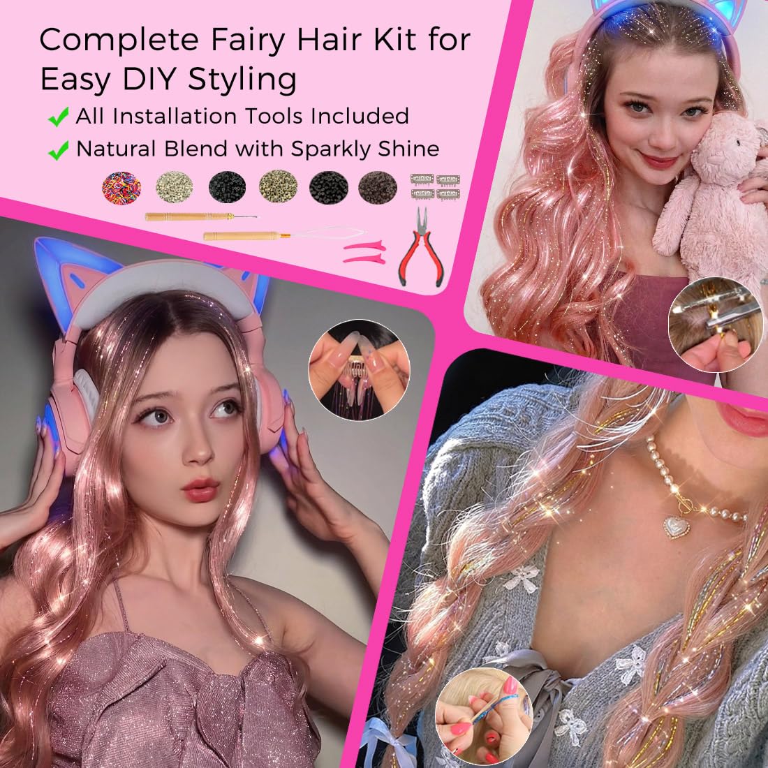 Hair Tinsel Kit with Tools, 3200+ Strands Rainbow Holographic Fairy Hair, 48" Heat Resistant Glitter Hair Extensions, Easy DIY Kit for Girls, Christmas Party & Festival Gift image 5