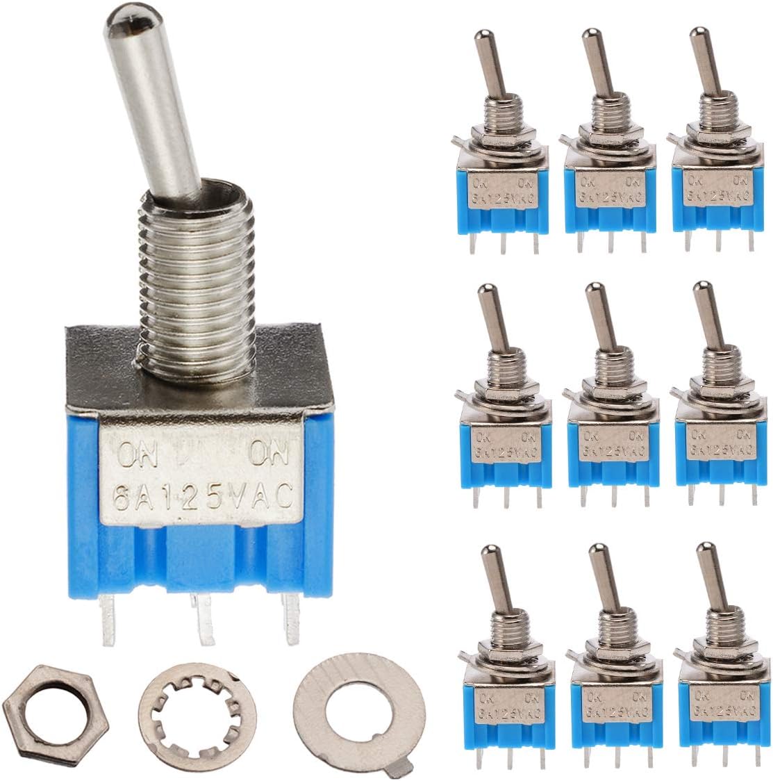 10PCS MTS-202 2 Position 6 Pin DPDT Switch ON-ON 6A 125V AC | 10 x Blue DPDT Mini Toggle Switches, 6A 125V AC, ON-ON, 2-Position, 6-Pins.