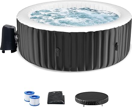 SUNYRISY Inflatable Hot Tub 2-4 Person, 180x180cm Round Leak-Proof Blow up Portable Hot Tub with 120 Air Jets, PVC Outdoor Spa with Insulated Cover and Heater Pump