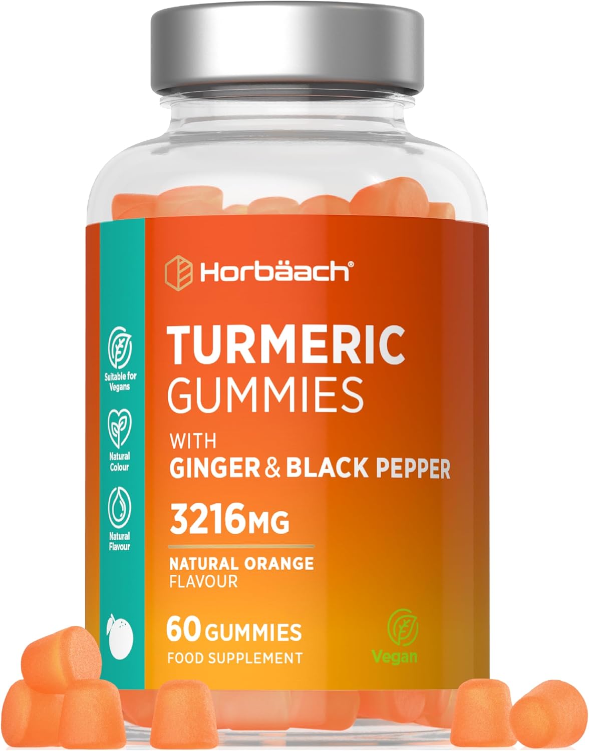 Turmeric Gummies with Black Pepper & Ginger 3216mg | High Strength Curcumin Supplement | 60 Vegan Gummies | Natural Orange Flavour – Tablet Alternative | by Horbaach