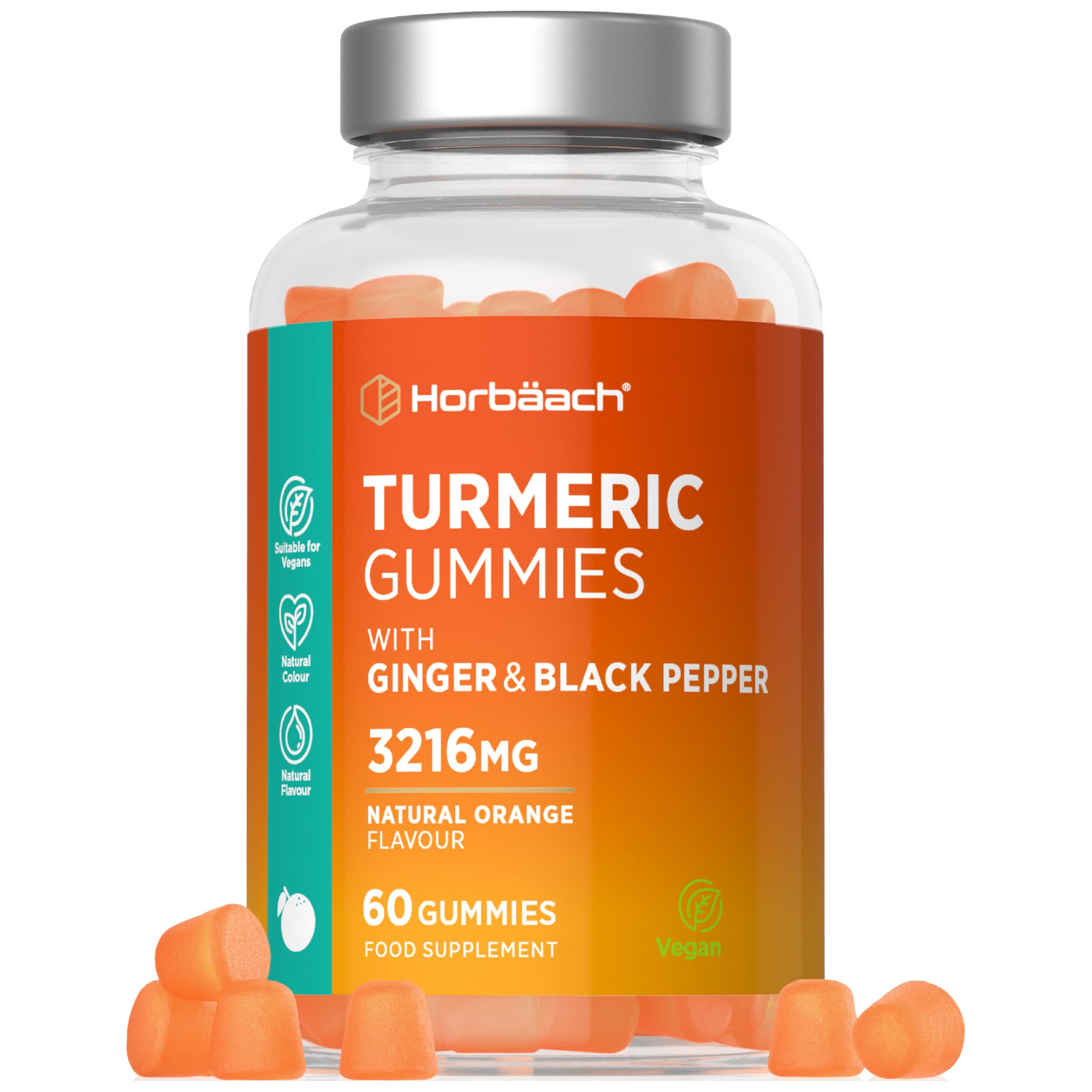 Horbäach Turmeric Gummies with Ginger | High Strength Turmeric Curcumin Supplement | 60 Vegan Gummies in Natural Orange Flavour | Tablet Alternative | by