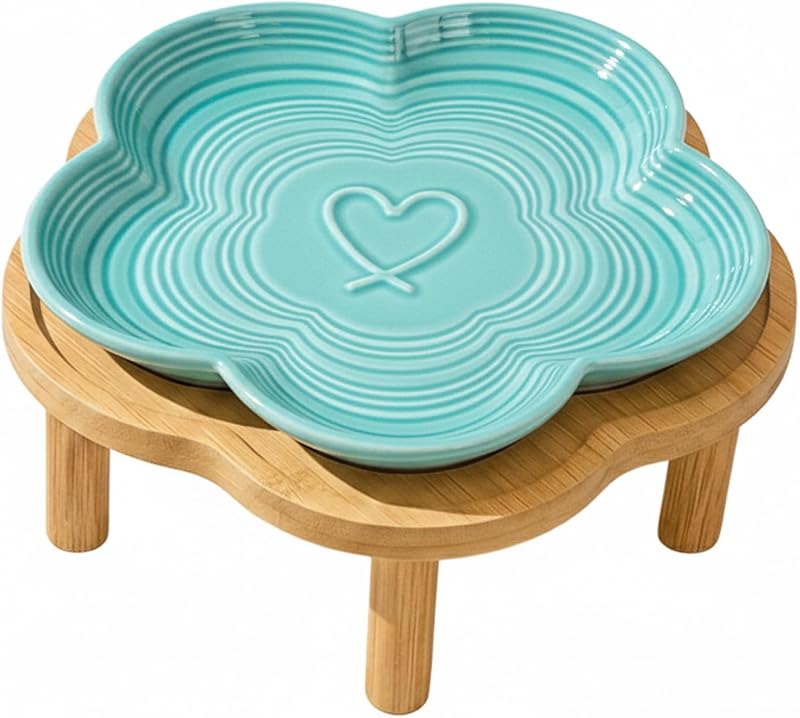Pote Elevado para Gatos em Cerâmica com Suporte de Bambu, Prato Florido Azul PAWSPIK