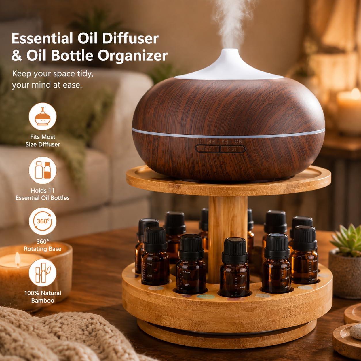 TJ.MOREE Carrousel en Bambou pour diffuseur - 2 Niveaux d'augmentation de Hauteur avec Plateau supérieur pour contenir Le diffuseur, pour Bouteilles d'huiles essentielles de 5 ML, 10 ML, 15 ML, 20 ML