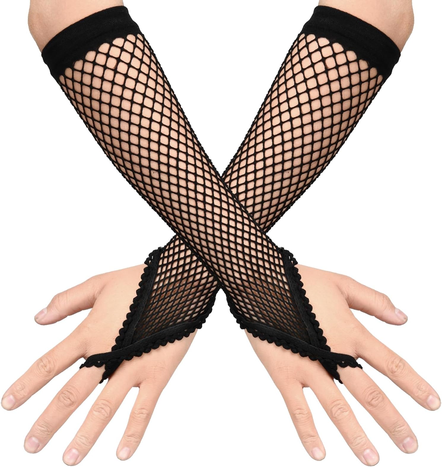 Fishnet Gloves Fingerless 1 Pair Fishnet Arm Sleeve with Lace Finger Loop Arm Fishnets Mesh Gloves for Women Girls 80s Theme Party Costume