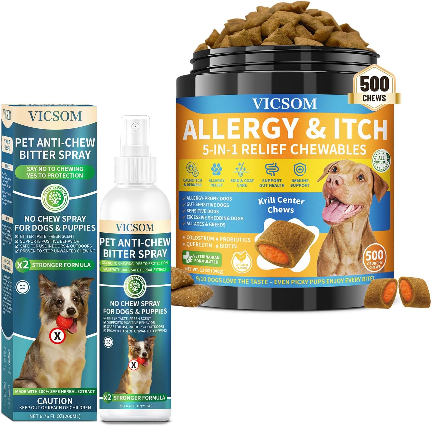 Dog Allergy Relief Chews + No Chew Spray for Dogs – Itch & Chew Control Bundle, Natural Skin & Coat Support Chews and Bitter Apple Spray to Prevent Chewing, Licking, Scratching – Indoor & Outdoor Care