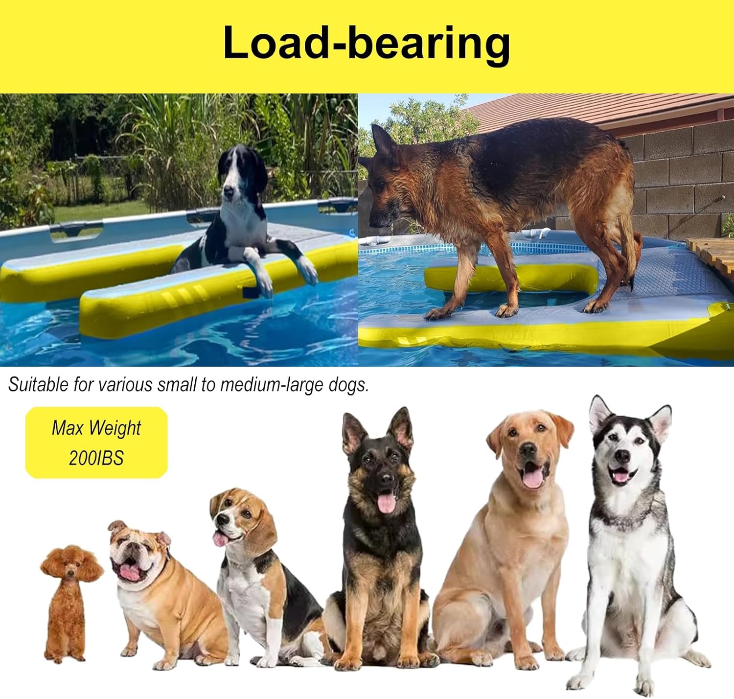 High Visibility Medium Dog Water Ramp, Inflatable Dog Water Ramp Pet Dock, Comfortable Dog Pool Ramp for Boat Lakes Pools Docks(Yellow,150x100x15cm/59.1x39.4x5.9in)