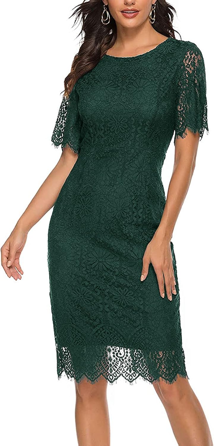 MEROKEETY Women's Short Sleeve Lace Floral Cocktail Dress Crew Neck Knee Length for Party - Image 8