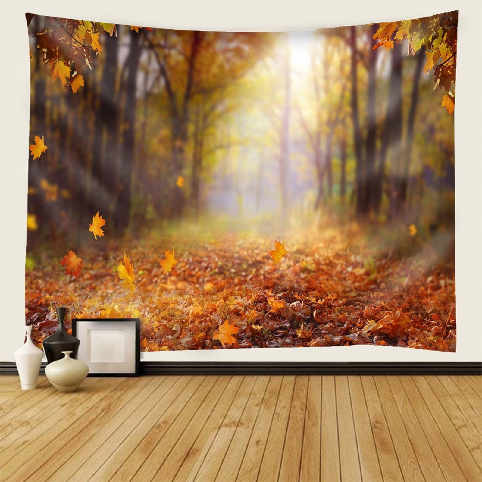 Skcess Gobelin ścienny do salonu, poliester, pomarańczowo-brązowe drzewo klonowe i liście, gobelin ścienny, wiszący 240 x 220 cm