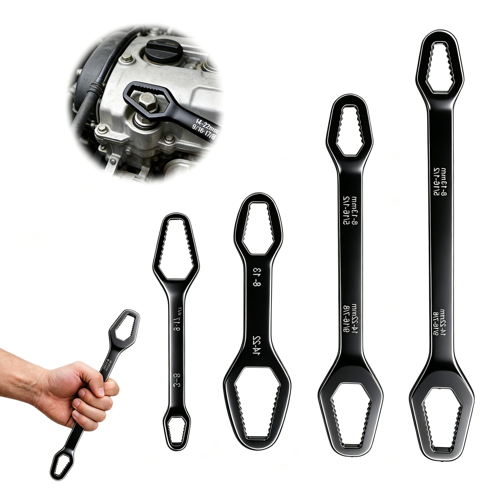 Set di 4 chiavi a doppia estremità da 8 a 24 mm, set di chiavi regolabili, chiave multifunzione, chiave autoserrante a doppia testa, per guida all'aperto, strumenti di riparazione auto
