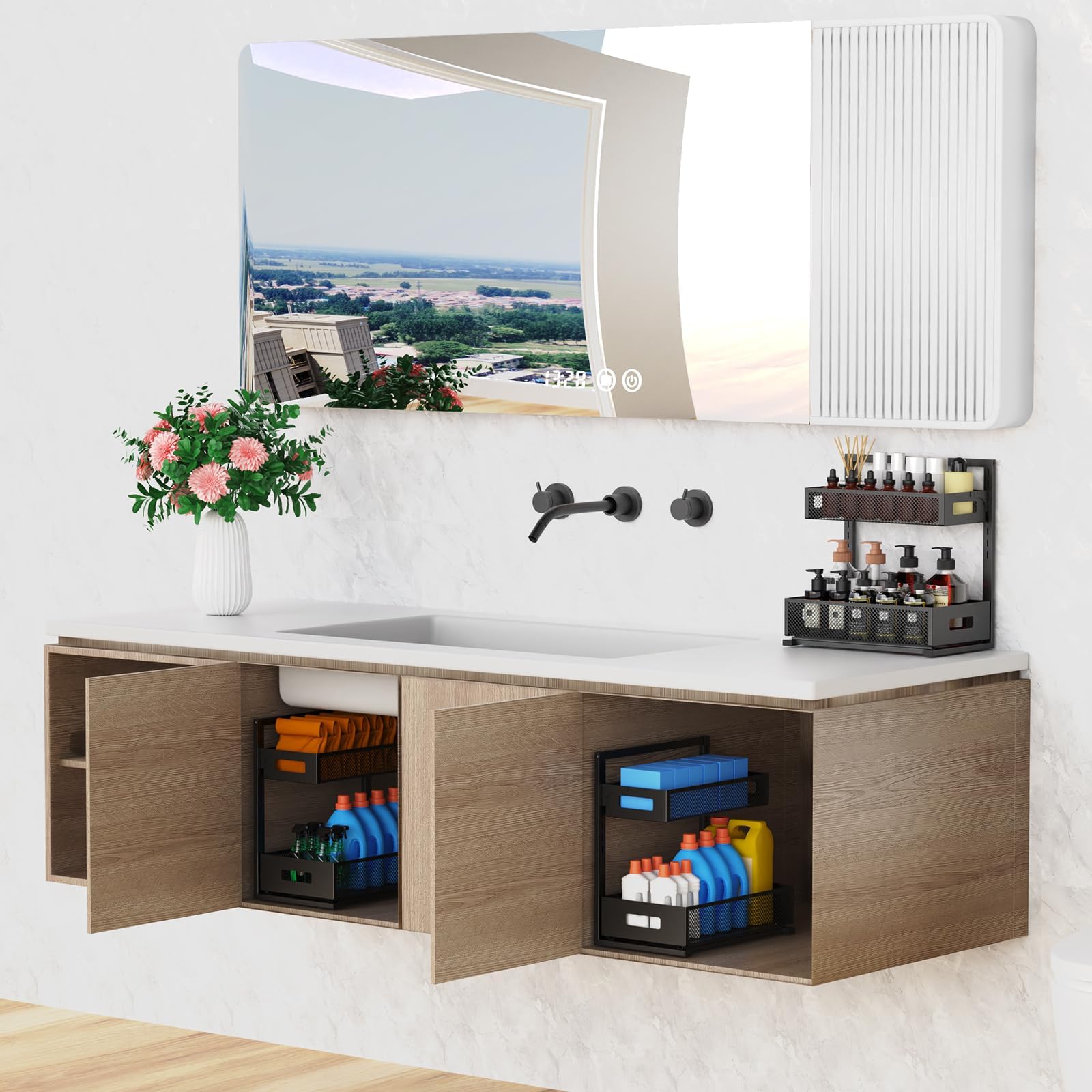 Organizador para debajo del fregadero, organizador de armario extraíble, altura ajustable, 2 niveles con cajones deslizantes, organizador de cocina y baño (1 unidad) 7