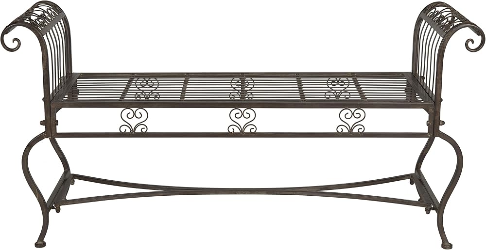 Exterior - Banco de jardín de hierro Brielle - Marrón rústico - Diseño vintage adornado con volutas - Ideal para patio, terraza, porche, jardín, 52" W x 16" D x 25.5" H (PAT5004B)