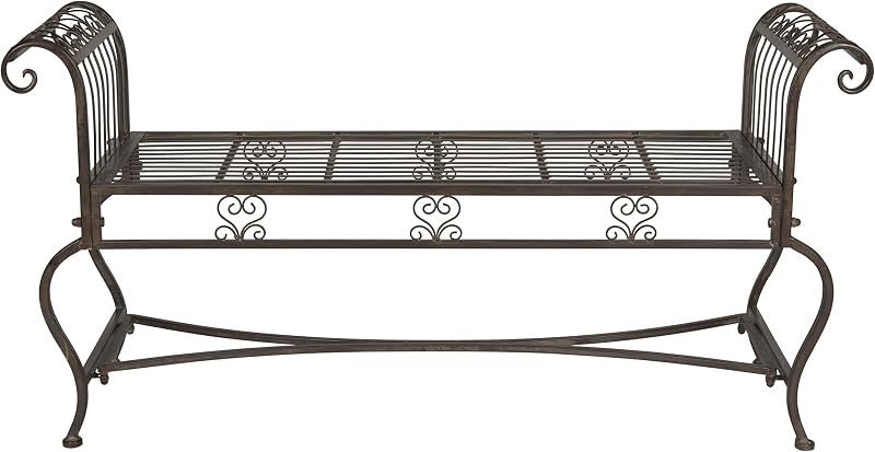 Exterior - Banco de jardín de hierro Brielle - Marrón rústico - Diseño vintage adornado con volutas - Ideal para patio, terraza, porche, jardín, 52" W x 16" D x 25.5" H (PAT5004B)
