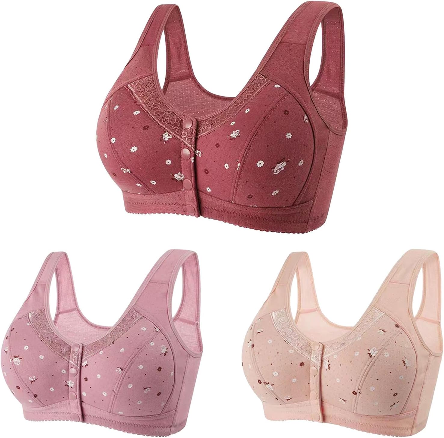 OPHPYDaisy Bras for Older Women 3 Pack Front Closure Wireless Sports Bras Senior Comfortable Everyday Bras Tshirt Bralettes