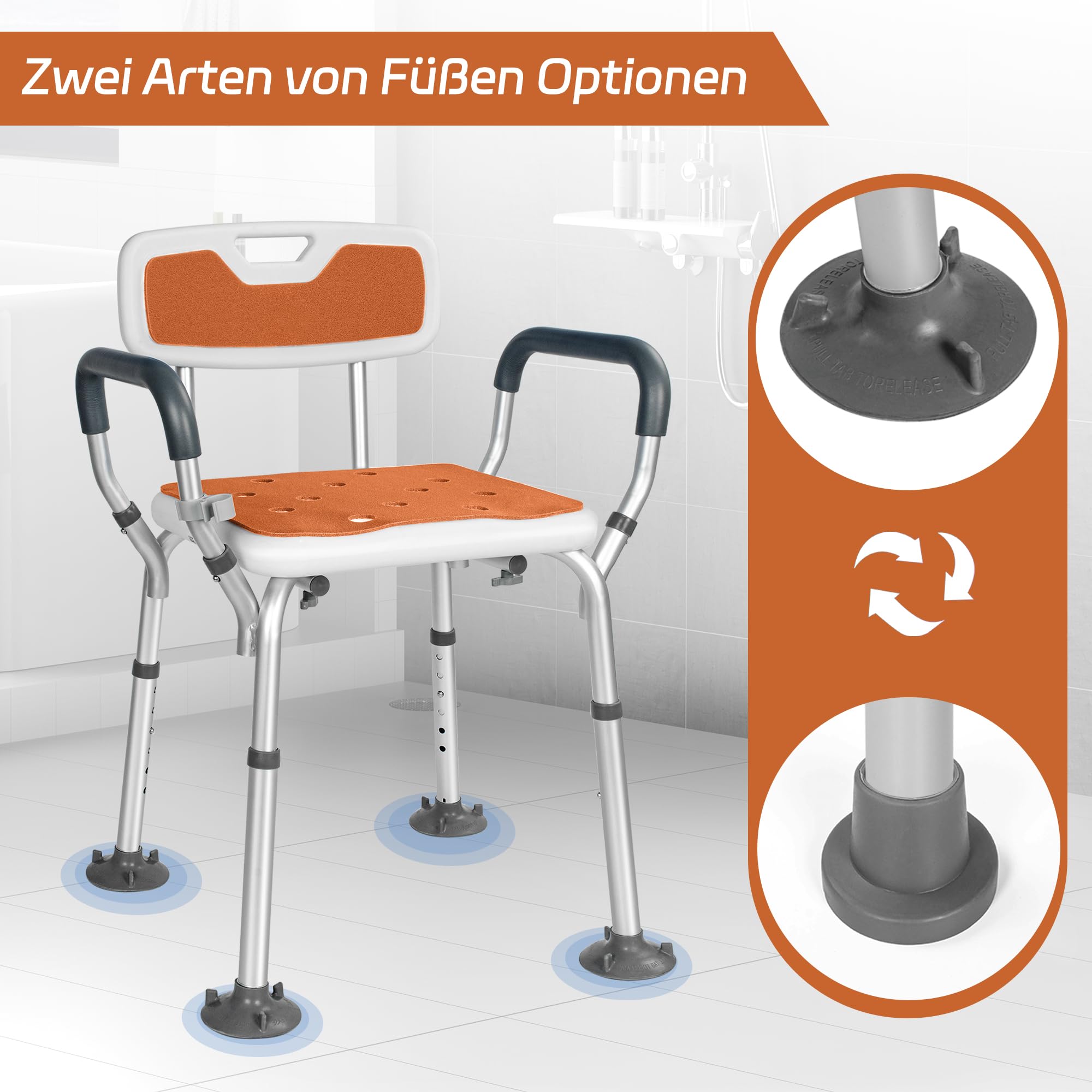 OUUTMEE Silla de ducha con reposabrazos y respaldo desmontable, antideslizante, taburete de ducha regulable en altura con 6 posiciones, asiento de ducha para personas mayores, color naranja