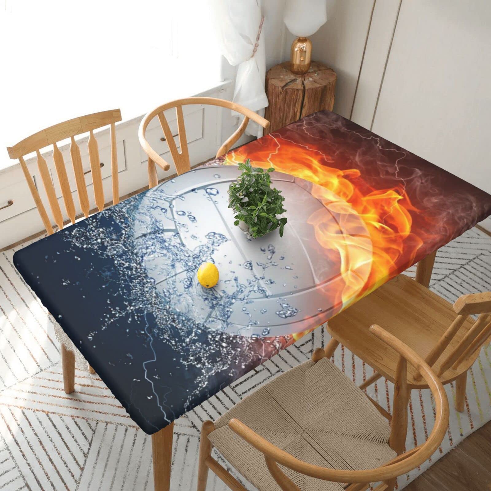 Rectangle Tablecloth 152x76cm For 5ft Dining Table Protector - Ice And Fire Volleyball Printed Elastic Edged Table Cover Wrinkle Free Table Decoration Table Cloth