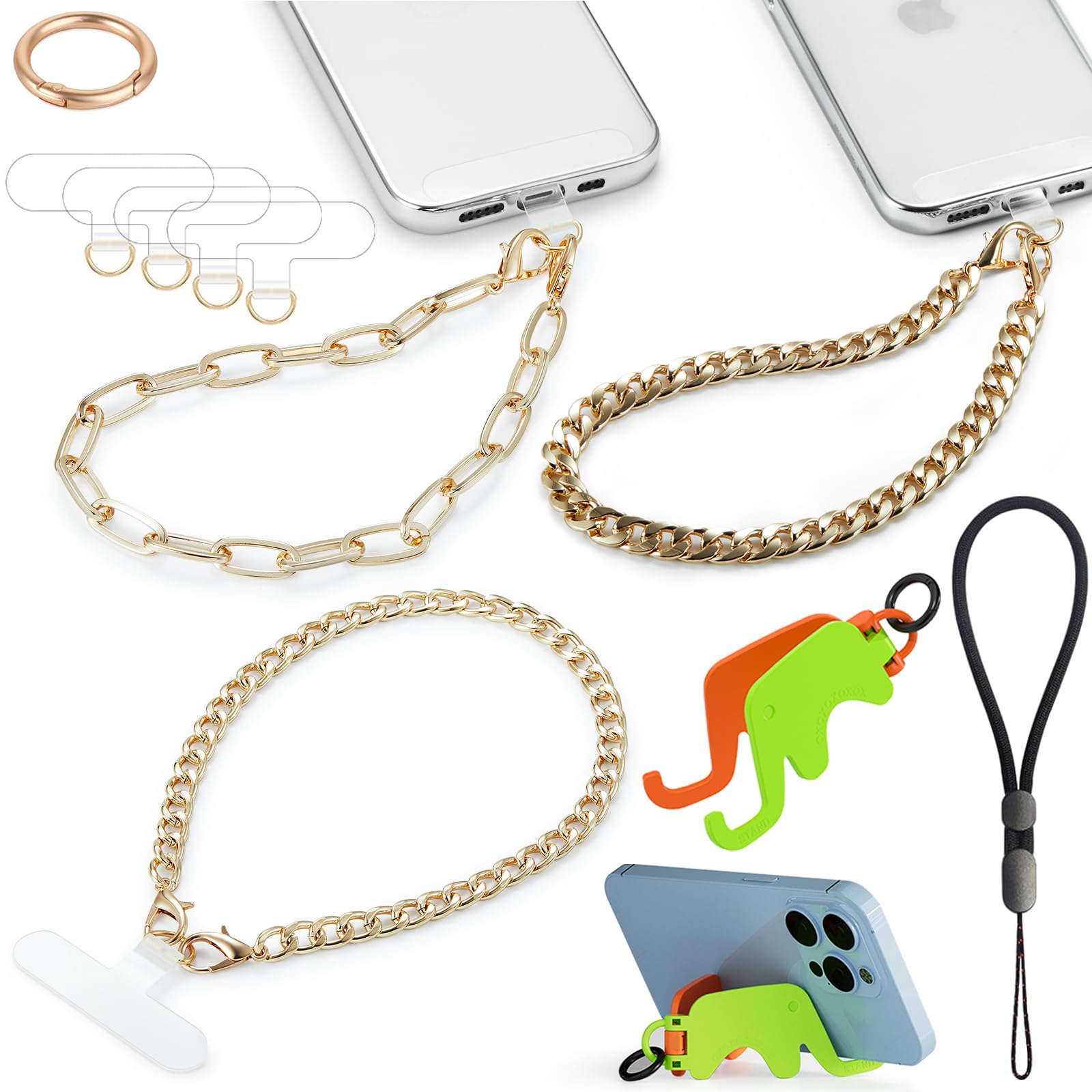 3 pcs Phone Charm with Gold Metal Chain Detachable Lanyard Hand Wrist Smartphone Strap Finger Grip Strap with 4 Patches Tether CellPhone Stand Holder Universal for iPhone 16 Pro Max 15 Charms