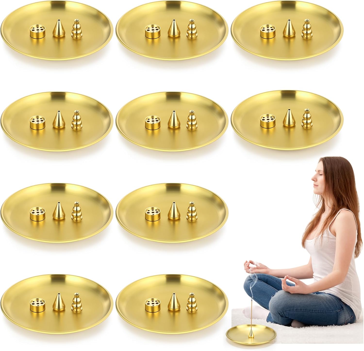 Baderke 12 Set 4 in 1 Incense Burner 5.5 Inch Brass Incense Holder for Sticks Coil Cones Brass Ash Catcher for Meditation Yoga Room, Home Fragrance Decoration