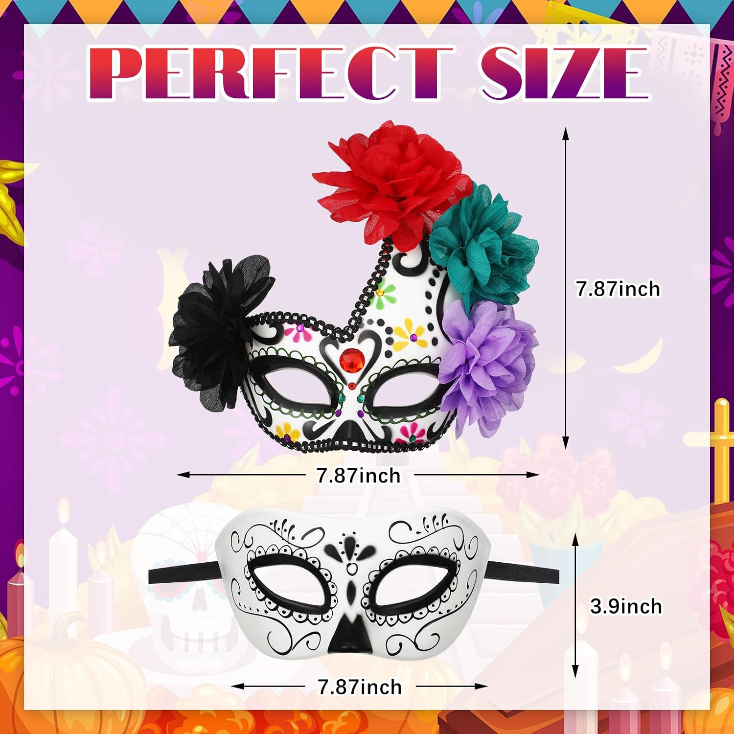 Arrowbash 2 Pcs Day of the Dead Half-skull Eye-mask Couple Masquerade Masks Set for Halloween Themed Parties Halloween Costume Plastic Accessories Mardi Gras Mask for Women and Men