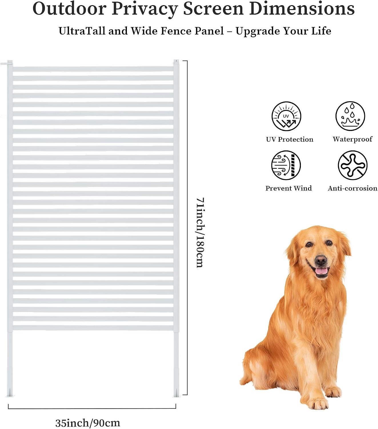 Outdoor Privacy Screen with Stand, Rustproof Metal Fence Panel, 35.43’’ x 71’’ PE-Coated Steel Slats, Decorative Privacy Fence for Patio, Garden, Backyard, Trash Can, White(1 Panel)