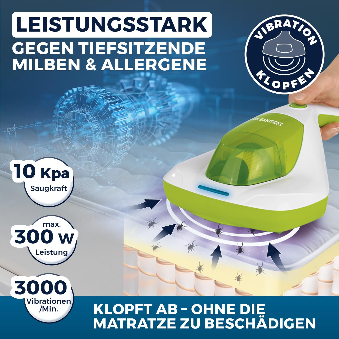 CLEANmaxx Milbensauger für Matratzen mit UV-C-Licht | Matratzenreiniger mit HEPA-Filter, entfernt 99,9% Aller Milben | Matratzensauger mit Ultraschall, Hitze & Vibration