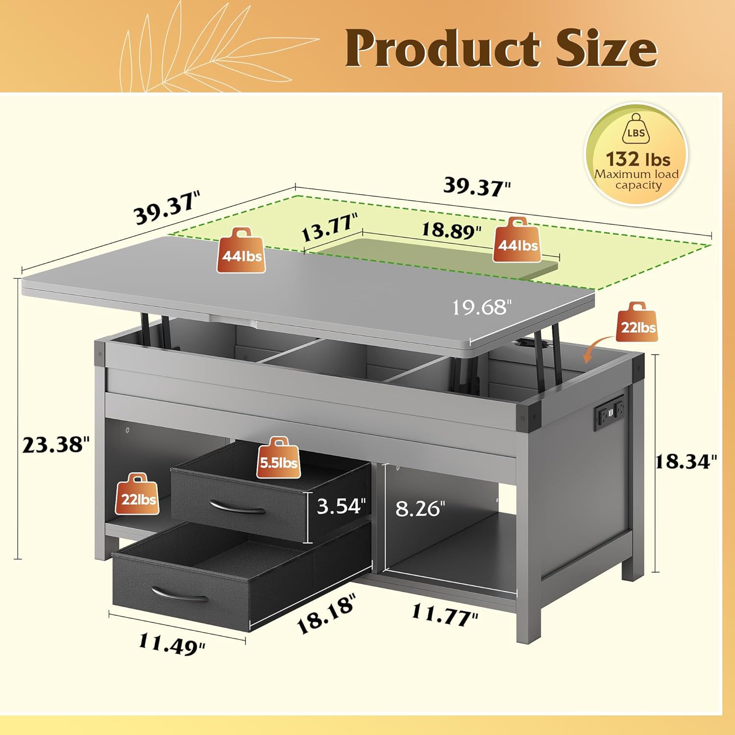 WLIVE 40" Lift Top Coffee Table, 4 in 1 Coffee Tables with Storage, 2 Fabric Drawers, LED Light and USB, Modern Coffee Table with Hidden Compartment for Living Room, Dining Room, Grey