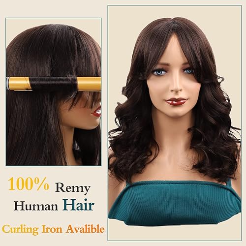 Miniatura 2 de NATAGHAIR Peluca larga marrón con flequillo de cabello humano  Peluca lacia 100% cabello virgen Remy rizado pelucas para mujeres blancas y negras,