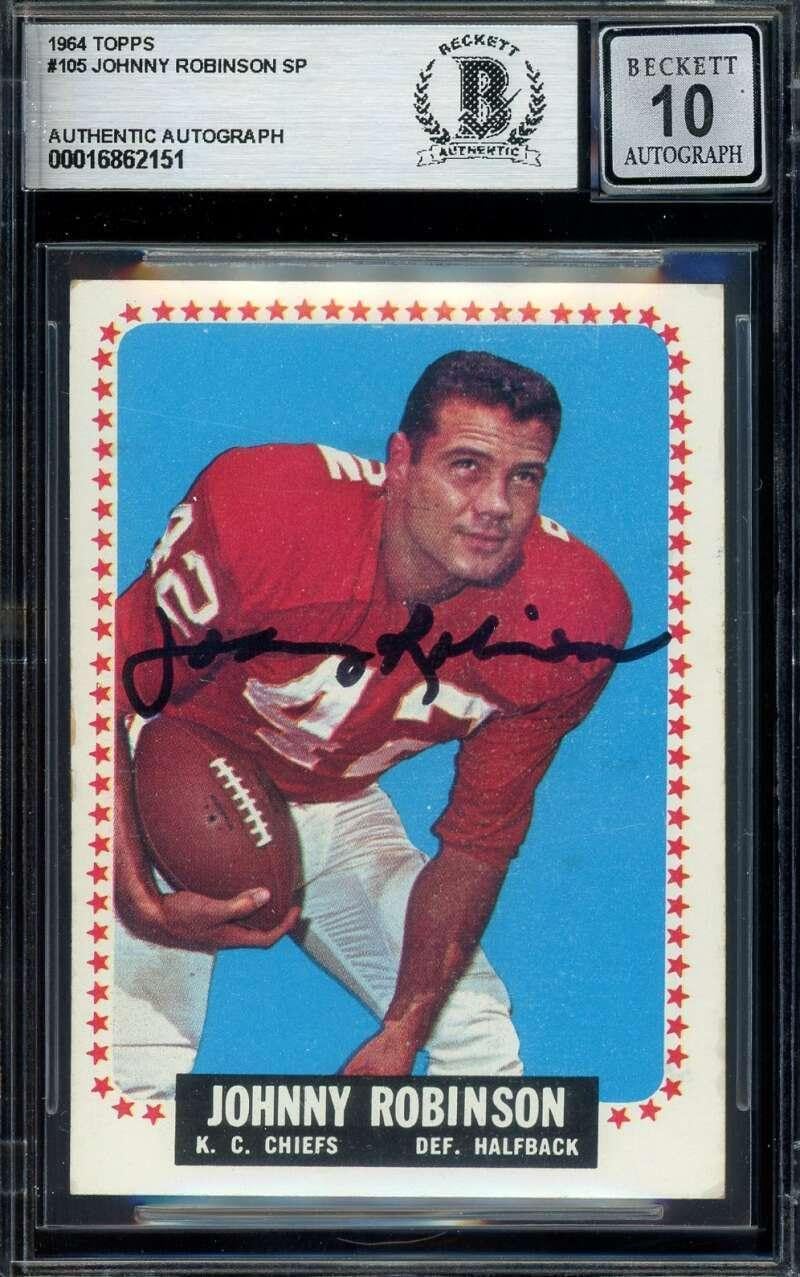 Johnny Robinson Gem Mint 10 Beckett BAS Signed 1964 Topps Autograph - NFL Autographed Football Cards