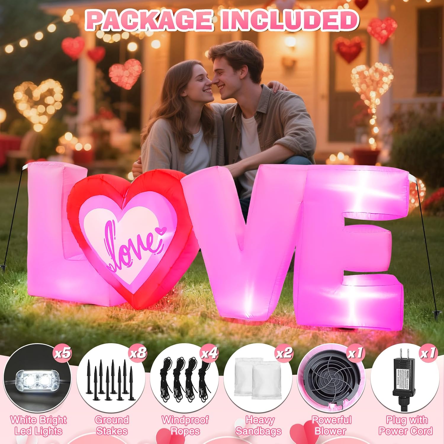 7FT Pink Love Inflatable Valentine’s Day Yard Decoration with Heart and LED Lights Giant Romantic Blow Up Outdoor Wedding Anniversary Engagement Party Decor for Garden Lawn Party Indoor Outdoor