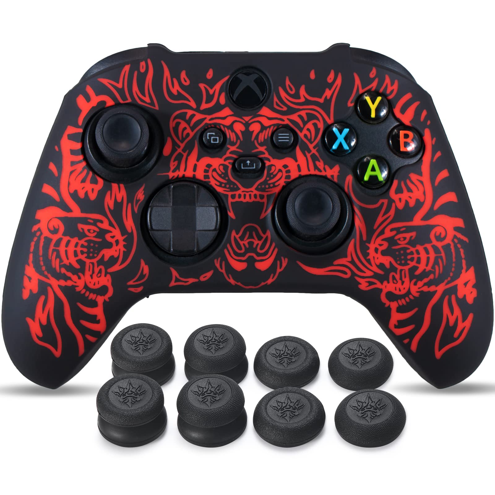 YoRHa Silicone Rubber Back Dots Carving Customizing Skin Cover for Xbox Series X/S Controller x 1(BH Green) with Pro Thumb Grips x 10 — view 8