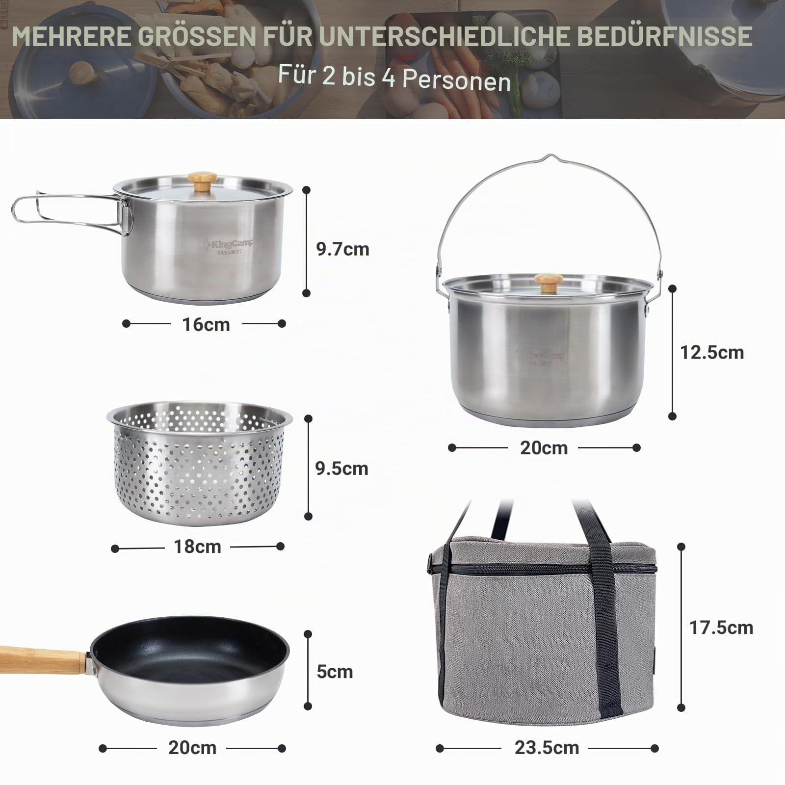 KingCamp Camping-Kochgeschirr-Set, 304 Edelstahl, Lagerfeuer, Kochtöpfe, Pfanne und Wasserkocher mit Reisetasche, für Camping, Outdoor, Küche, Kochen, Picknick für 4–6 Jahre | Tragbare stapelbare Lagerfeuer Kochtöpfe Pfanne und Wasserkocher mit Reisetasch