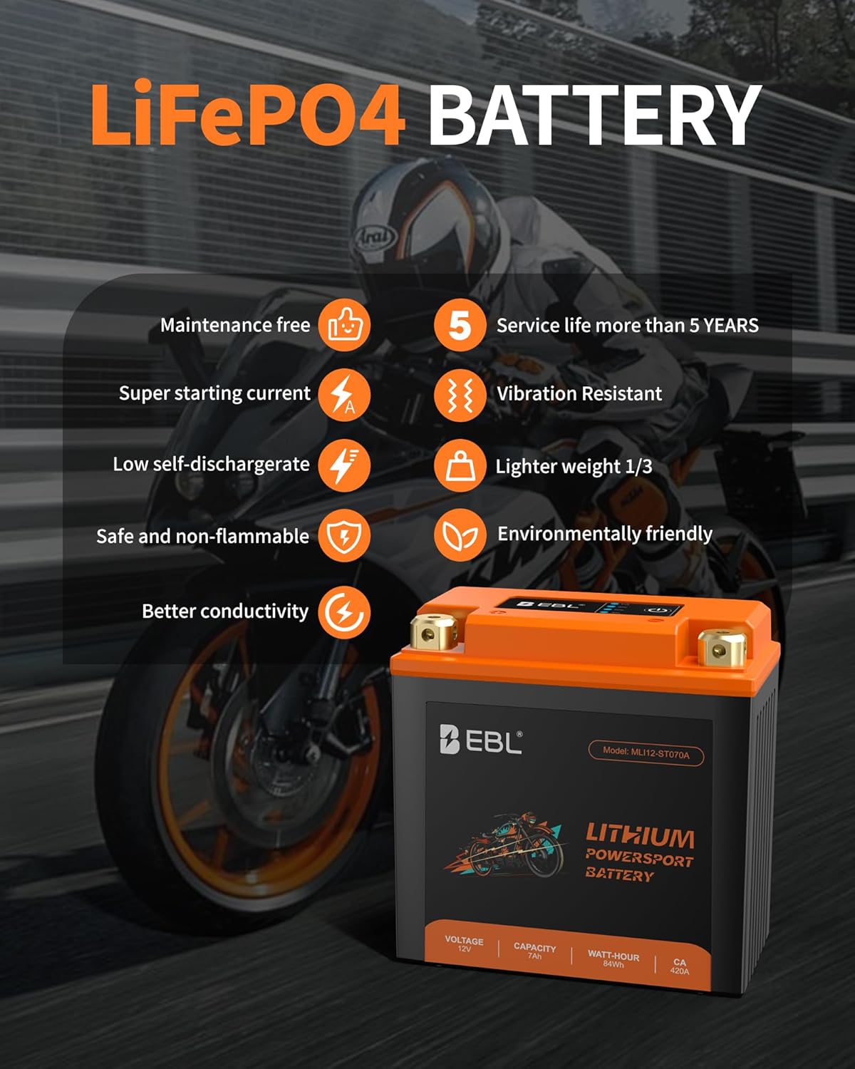 EBL Lithium LiFePO4 Motorcycle Battery 12V 7Ah, 210CCA, ATV, UTV, Jet Ski, 4 Wheeler, Quad, Riding Lawn Mower, Tractor, Scooter, PWC, Seadoo, Polaris and Generator Battery