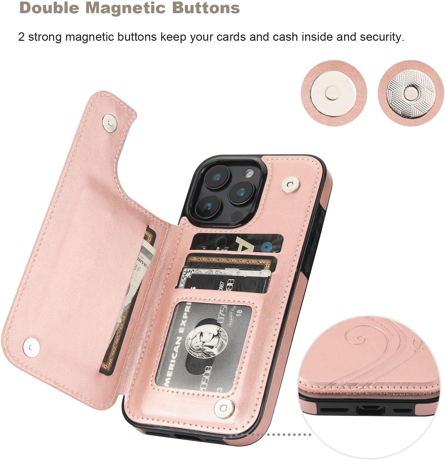 Vaburs Compatible with iPhone 16 Pro Max Case Wallet with Card Holder,Embossed Butterfly Pattern PU Leather Double Buttons Flip Protective Shockproof Cover for Magnetic Car Mount 6.9 Inch (Rose Gold) - Image 7